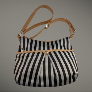 EUC Henri Bendel Striped Black White Tan Women's Bag W/Purple interior
